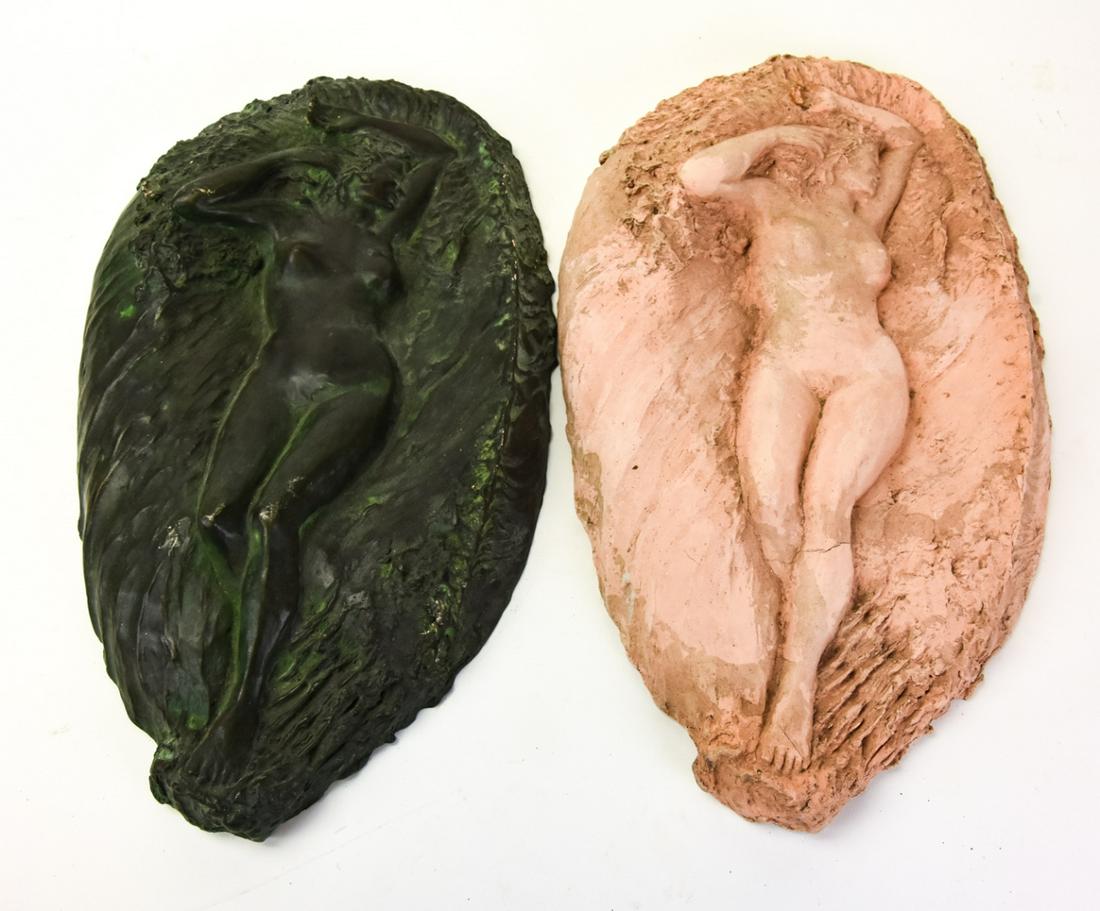Pair Bronze & Ceramic Female Nude Wall Plaques: Pair Bronze & Ceramic Female Nude Wall Plaques. Made from same cast. Artisan made by Helen Dayton, 1987. Measures 13 inches high x 7.5 inches wide.