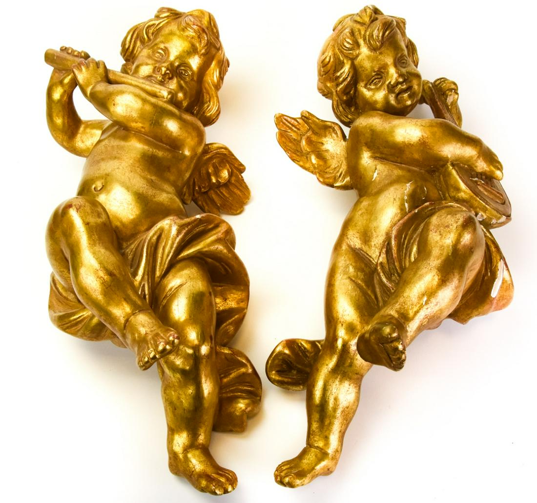 Pair Gold Leaf Italian Musical Putti Wall Hangings (1 of 9)