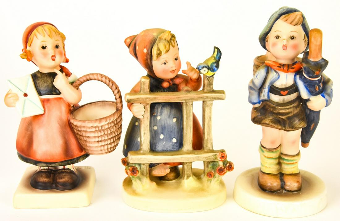 3 Vintage Goebel Hummel Figurines Signs of Spring: 3 Vintage Goebel Hummel Hand Painted Porcelain Figurines Including "Meditation", "Signs of Spring", & "Home From Market". Signed Hummel on base, marked Goebel on bottom. Largest piece measures 6 inche