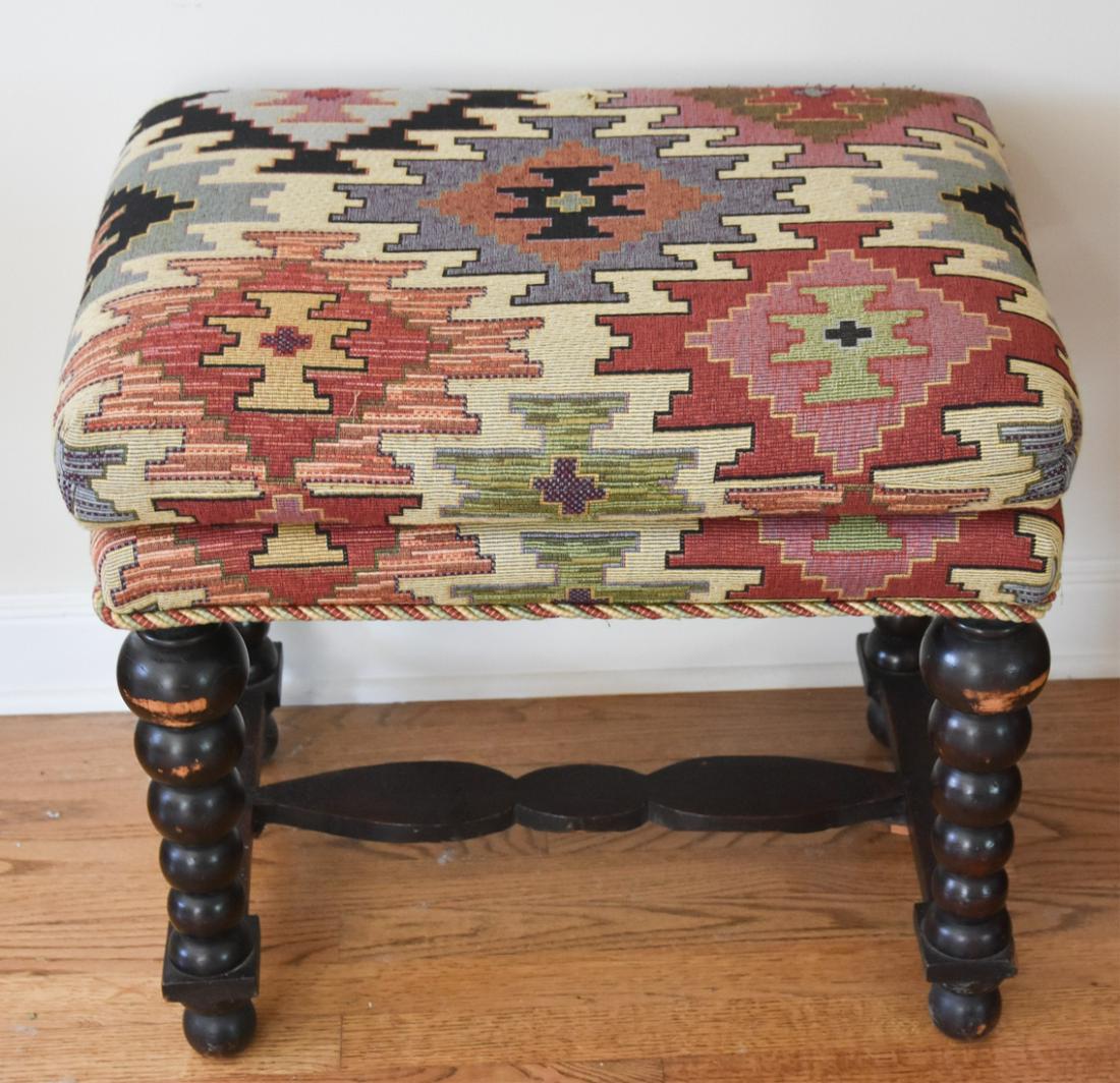 Antique Baroque Barely Twist Bench: Antique Baroque Barely Twist Bench Having Kilim Upholstery. On turned legs with carved stretcher & rope cord trim. Measures 23 inches high x 24 inches wide x 16 inches deep. Estate inventory #159.
