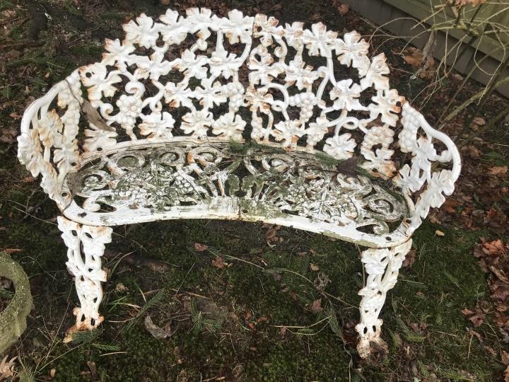 Antique Cast Iron Grape Cluster Garden Bench: Antique Cast Iron Grape Cluster Garden Bench. Measures 28 x 38 x 14 inches.