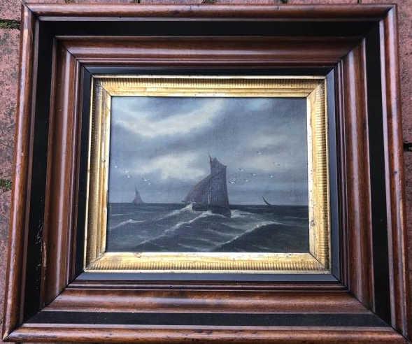 Antique Framed Marine Ship Oil Painting on Canvas: Antique Framed Marine Ship Oil Painting on Canvas. Measures 14 x 16 inches.