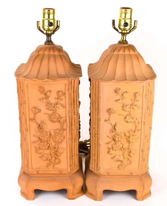 Pair Chinese Motif Cast Terracotta Pottery Lamps (1 of 6)