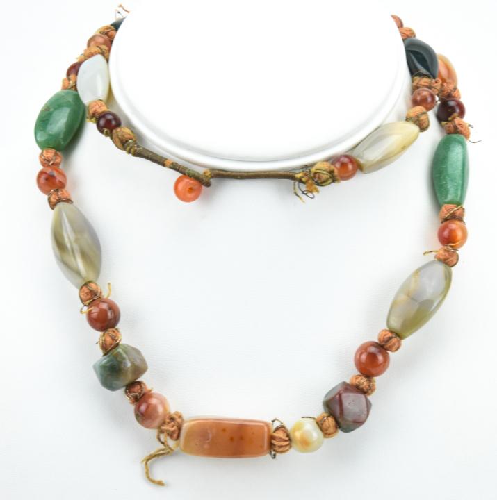 Antique Necklace w Tumbled Specimen Agate Beads: Antique Necklace w Tumbled Specimen Agate Beads. Featuring banded agate, carnelian and hardstone beads. Measures 29 inches in length.