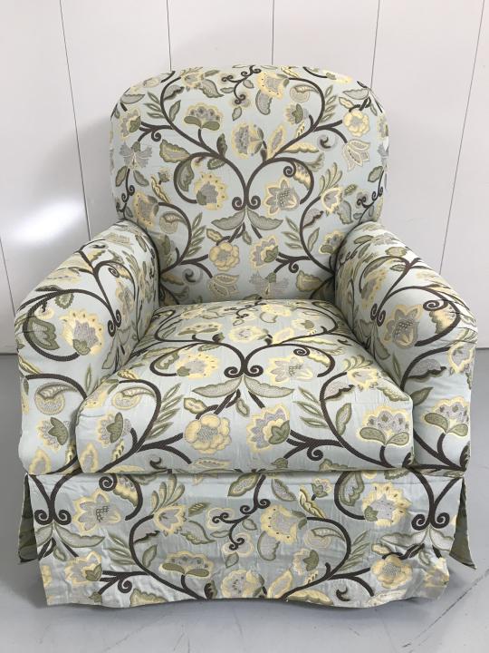 Contemporary Upholstered Embroidered Armchair: Contemporary Upholstered Embroidered Armchair with Floral Motif. Measures 38 inches high x 32. inches wide x 38 inches deep, 18.5 inches from floor to seat.