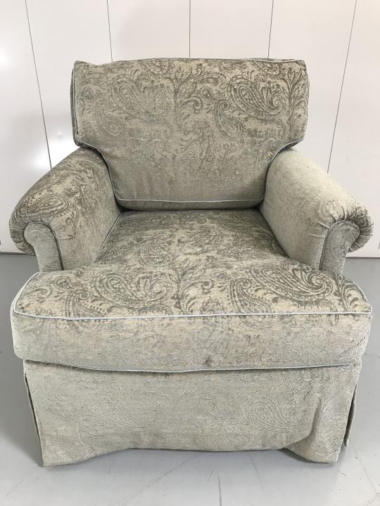 Contemporary Paisley Upholstered Club Chair: Contemporary Paisley Motif Velour Upholstered Club Chair. Measures 36.25 inches high x 35 inches wide x 38.5 inches deep, 19 inches high from floor to seat.