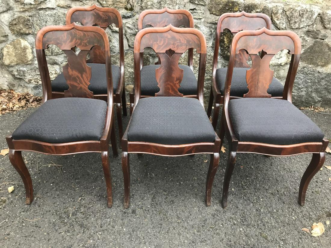 Set 6 Queen Anne Flame & Upholstered Dining Chairs: Set of 6 Queen Anne Style Flame Wood & Upholstered Dining Chairs. Measures 23.5 inches high x 18.25 inches wide x 21 inches deep x 18.5 inches from floor to seat.