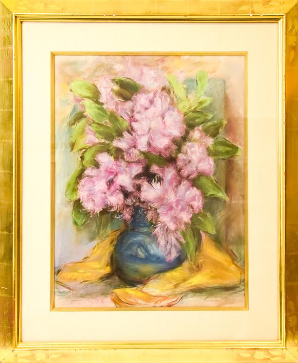 Peggy Dodds Pastel Bouquet Still Life Drawing: Peggy Dodds (American, 1900-1987) Pastel on Paper Floral Bouquet Still Life Drawing. Signed in bottom left corner. In a gold leaf frame with engraved floral details. Drawing measures 24 inches high x
