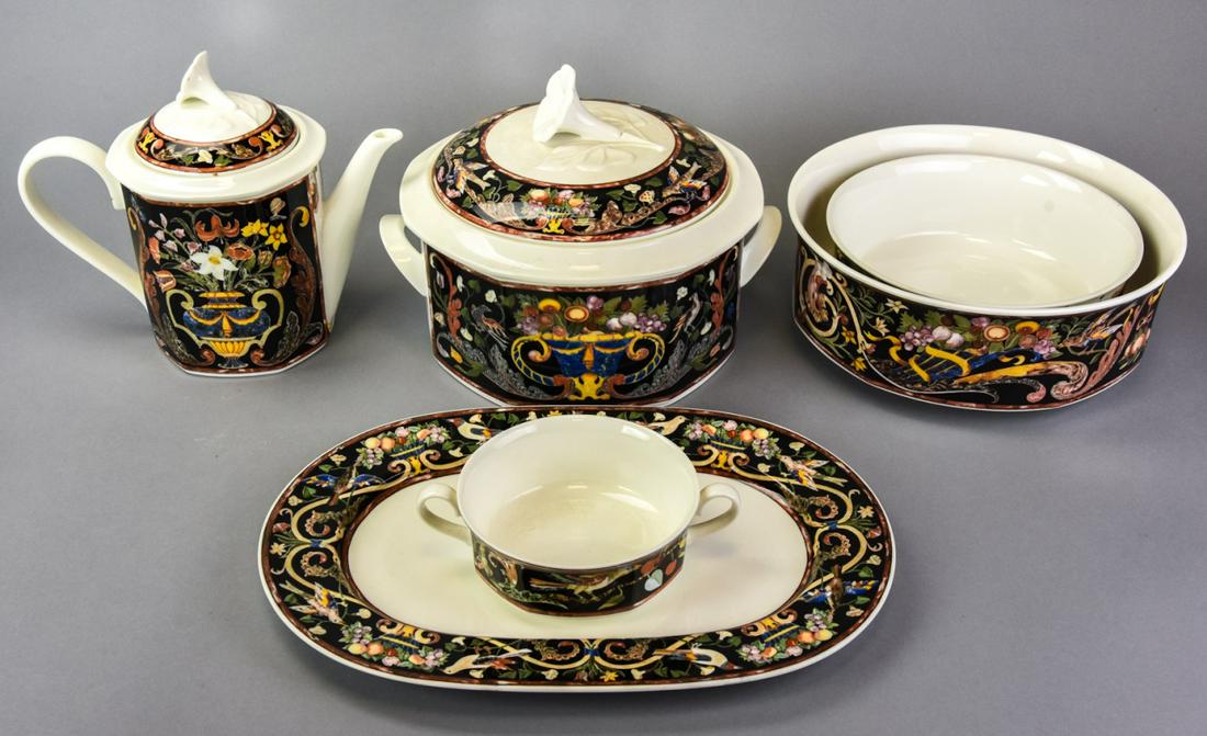 Villeroy & Boch Intarsia Bone China Serving Pieces: Villeroy & Boch "Intarsia" Pattern Transferware Bone China Serving Pieces. 6 pieces including teapot, lidded casserole dish, bouillon cup, bowls & platter. Largest measures 8 inches high x 9 inches in