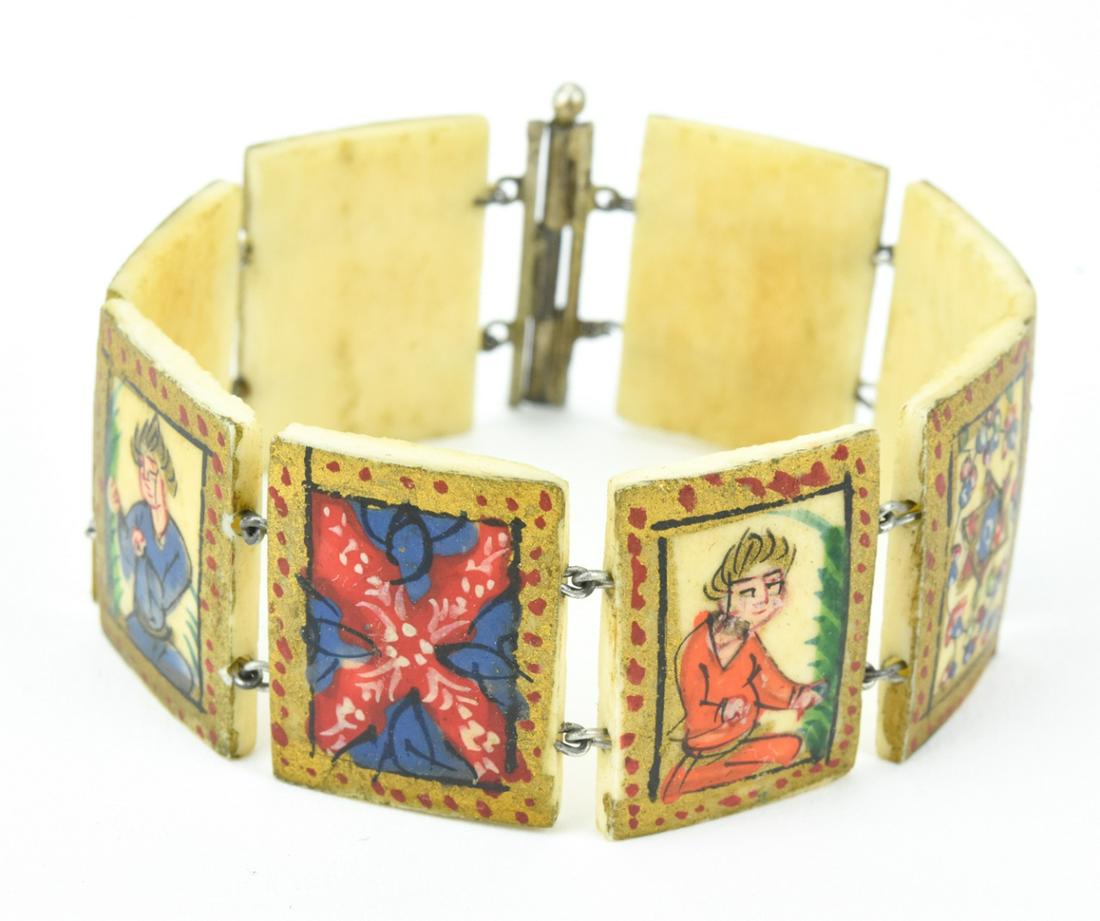 Antique Persian Bone Panel Bracelet: Antique Persian Bone Panel Bracelet. Hand painted. Measures 6.75 inches in length.