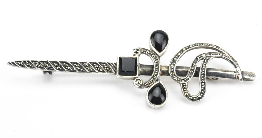 Large Sterling Silver Onyx Marcasite Sword Pendant (1 of 7)