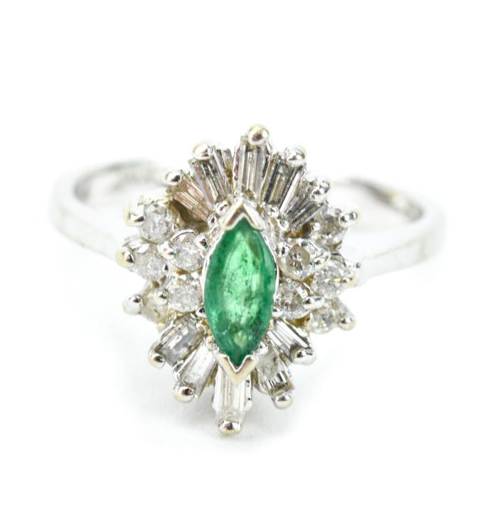 Estate 14 KT White Gold Diamond & Emerald Ring (1 of 6)