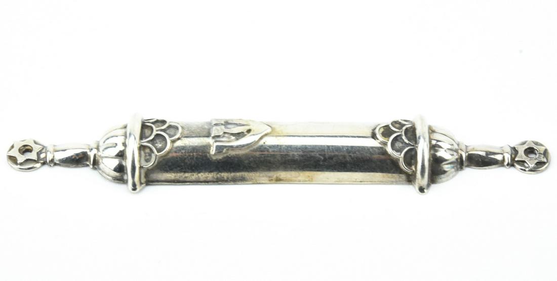 Sterling Silver Judaica Mezuzah from Israel: Sterling Silver Judaica Mezuzah from Israel. Hallmarked. Measures 3.75 inches in length.