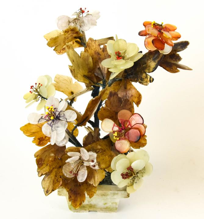Pair Chinese Jade Carnelian & Rose Quartz Statues: Pair of Chinese Jade, Carnelian & Rose Quartz Tree Statues. Each measures approximately 9 inches in height.