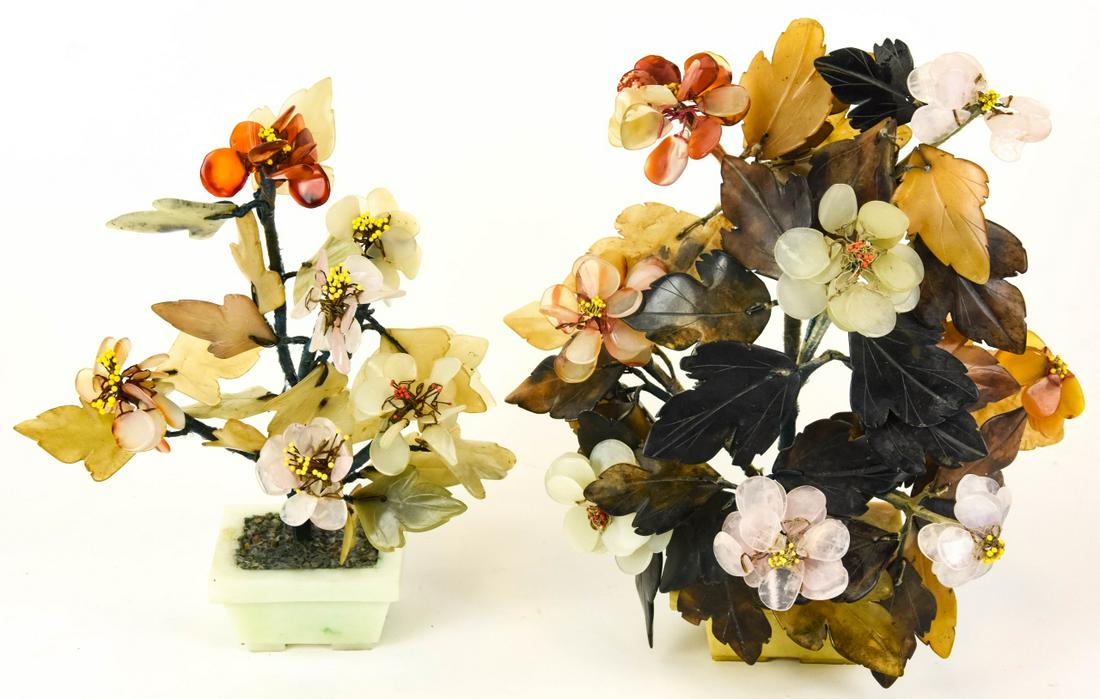 Two Chinese Jade, Rose Quartz & Carnelian Trees (1 of 8)