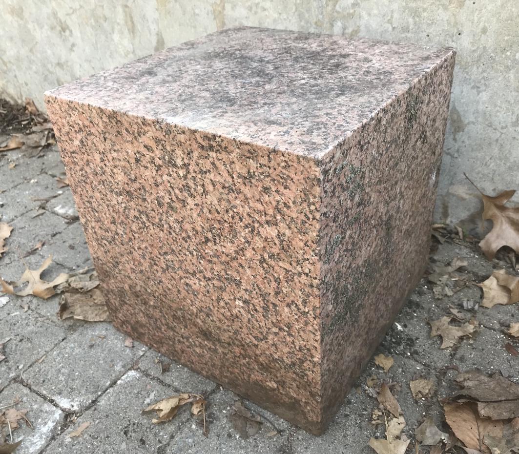 Contemporary Rose Granite Cube Base: Contemporary Rose Granite Cube Base. Measures 12 inches high x 12 inches wide x 12 inches deep.