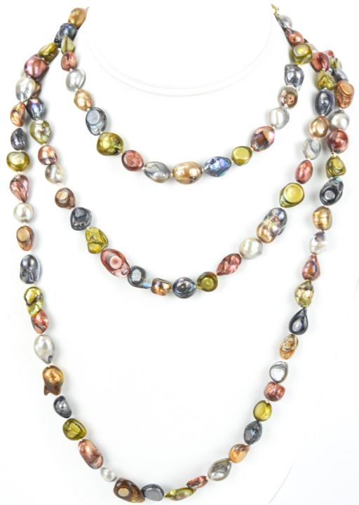 Lot of 2 South China Pearl Necklaces: Lot of 2 South China Pearl Necklaces. Each necklace is 60 inches long and consists of multicolored baroque pearls and is hand knotted.