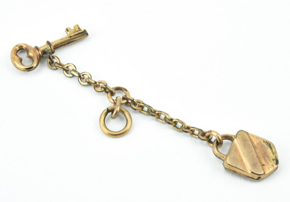 Antique 19th C Lock & Key Necklace Pendant Charm: Antique 19th C Lock & Key Necklace Pendant Charm. Gold filled. Measures 1.75 inches in length.