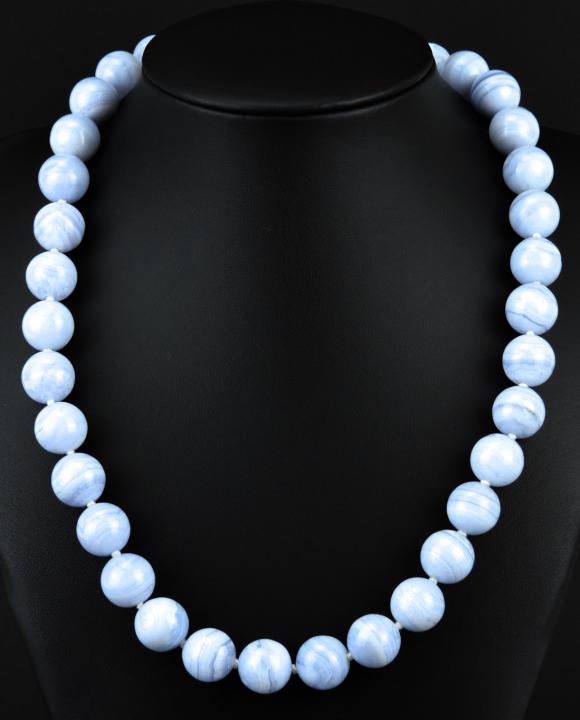 Blue Lace Agate Bead Sterling & Marcasite Necklace: Hand Knotted Blue Lace Agate Bead Sterling & Rose Cut Marcasite Necklace. Beads are approximately 10mm in diameter. Measures 19.5 inches in length.