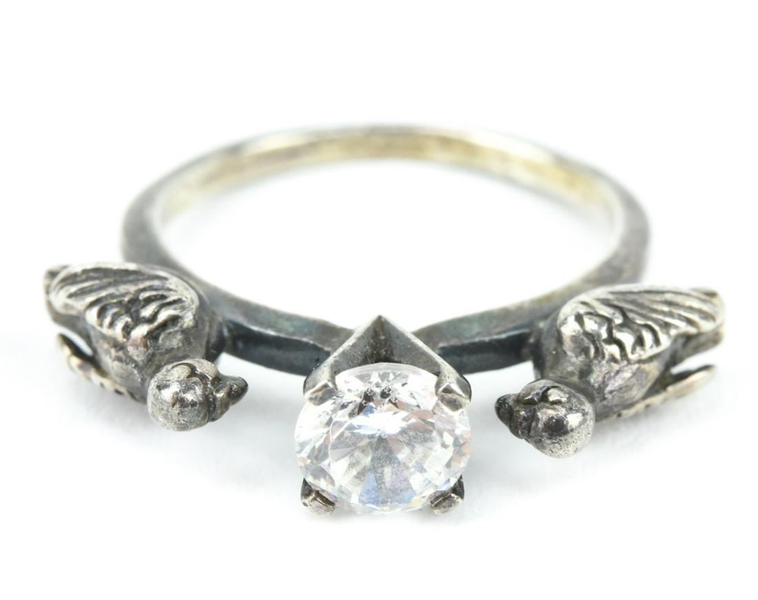 Vintage Solitaire Sterling Silver Ring w Two Birds: Vintage Solitaire Sterling Silver Ring w Two Birds. Hallmarked. Can be resized.