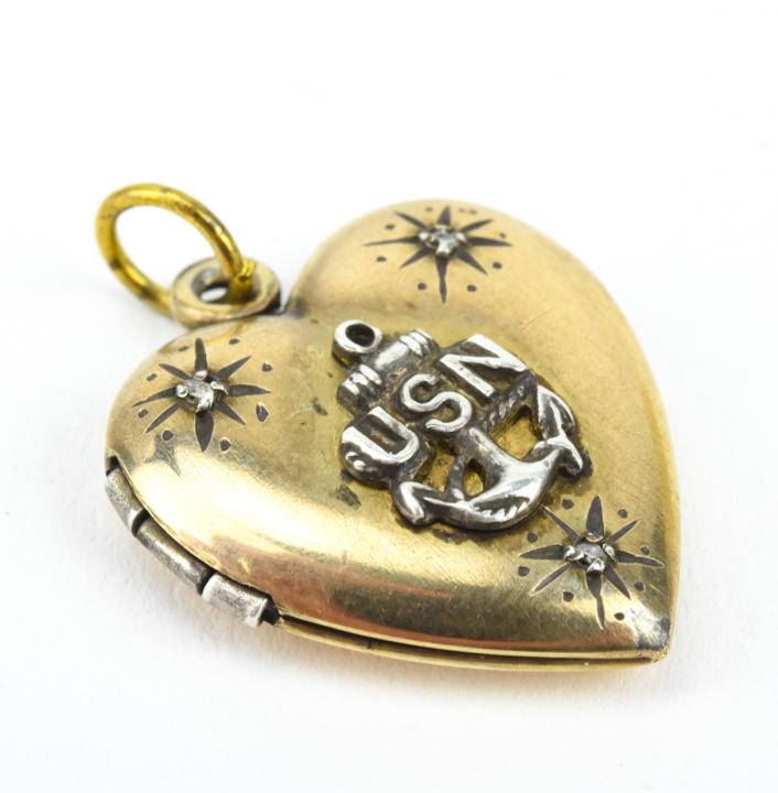 Estate Sterling US Navy Heart Locket w Diamonds (1 of 5)