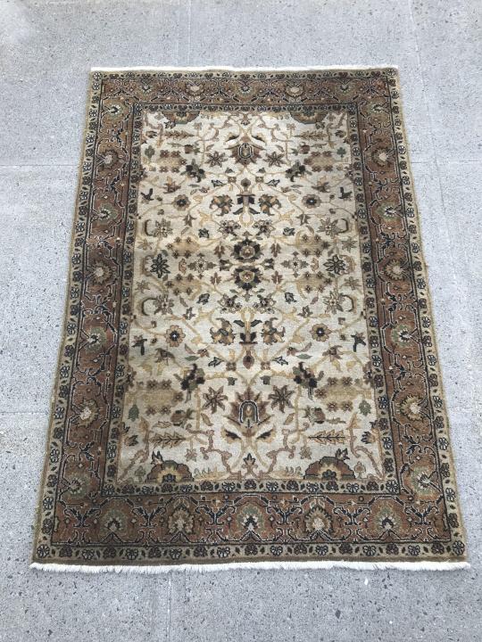 Hand Knotted Wool Persian Palmette Motif Area Rug: Hand Knotted Wool Persian Palmette Motif Area Rug With ivory, gold, and rose colorways. Measures 72.5 inches long x 48 inches wide.