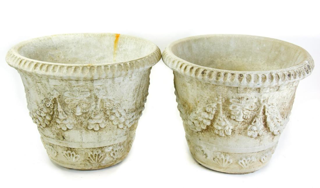 Pair Cast Cement Garden Planters w Grape Motif (1 of 7)