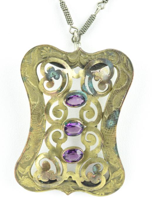 Antique Czech Amethyst Glass Pendant on Silver: Antique Art Nouveau Era Czech Style Amethyst Glass Pendant on Silver Necklace Chain. Chain measures 29 inches in length, pendant measures 2 inches in length.