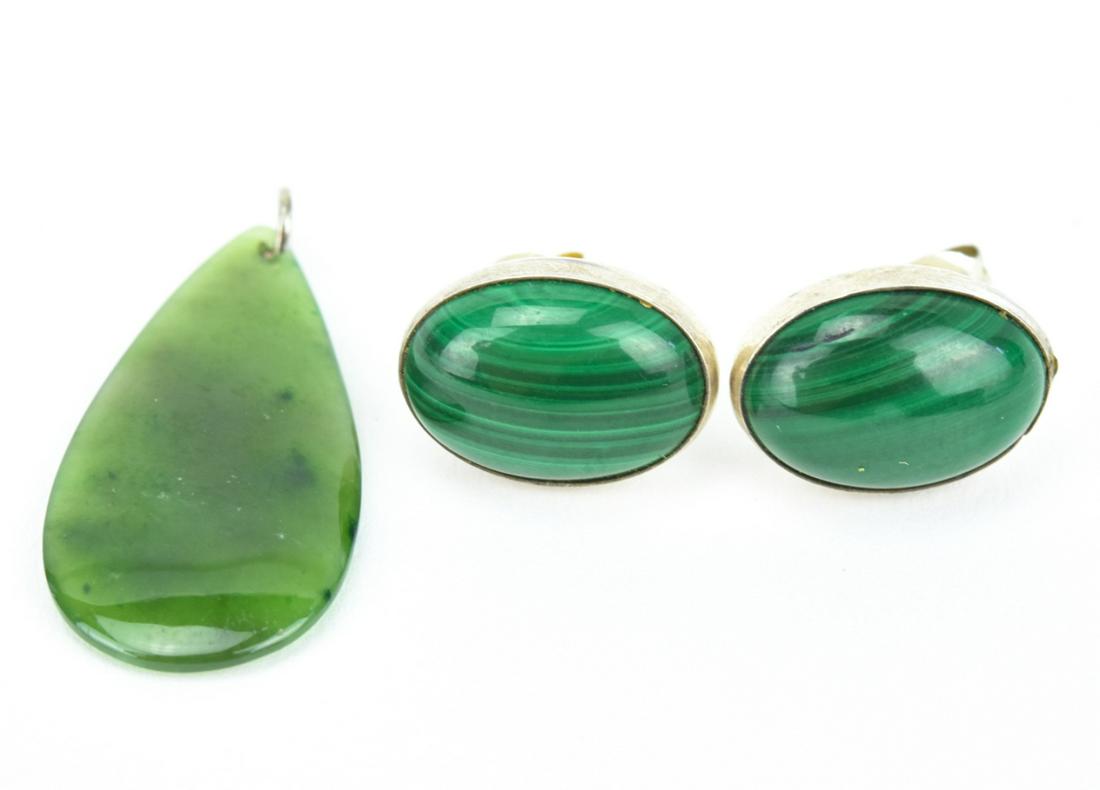 Sterling Malachite Cabochon Earrings, Jade Pendant (1 of 6)