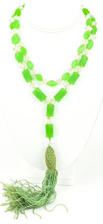 Antique Art Deco Chrysoprase Rock Crystal Necklace: Antique Art Deco Chrysoprase & Rock Crystal Necklace. Having faceted green chrysoprase glass beads and faceted rock crystal with silk tassel. Measures 36 inches in length, plus 8 inch drop with the ta