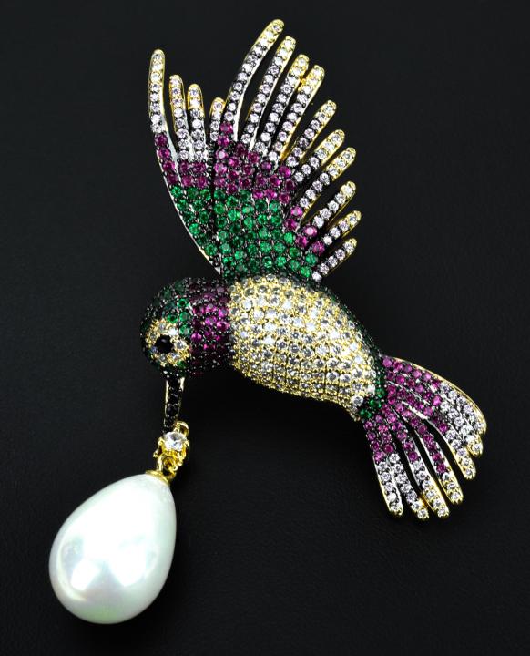 Hummingbird Brooch w Micro Pave & Pearl Pendant: Hummingbird Brooch w Micro Pave & Pearl Pendant. Gold plated. Well detailed w prong set multi color micro pave. Measures just over 2.25 inches in length.