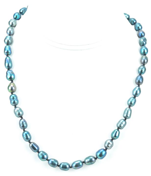 Hand Knotted Baroque Tahitian Pearl Necklace: Hand Knotted Baroque Tahitian Pearl Necklace. Hand knotted on black silk thread. Baroque pearls with high luster iridescent tones of black, gray, silver. Measures 19 inches in length.