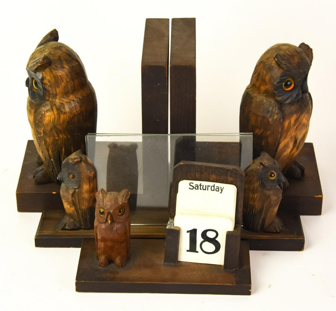 Lot Carved Black Forest Owl Desk Items W Book Ends (1 of 7)