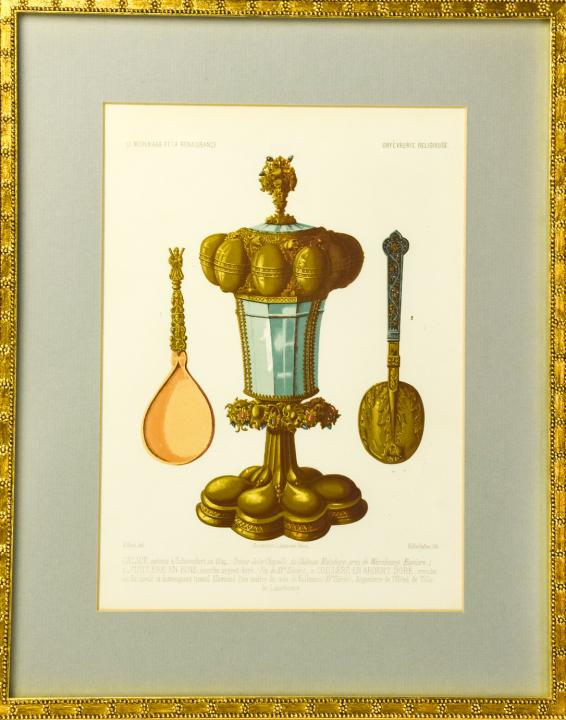 Antique 19th C Engraving of a Renaissance Chalice: Antique 19th C Engraving of a Renaissance Chalice. In gilt frame w inscription. Measures 14.5 x 11.5 inches.