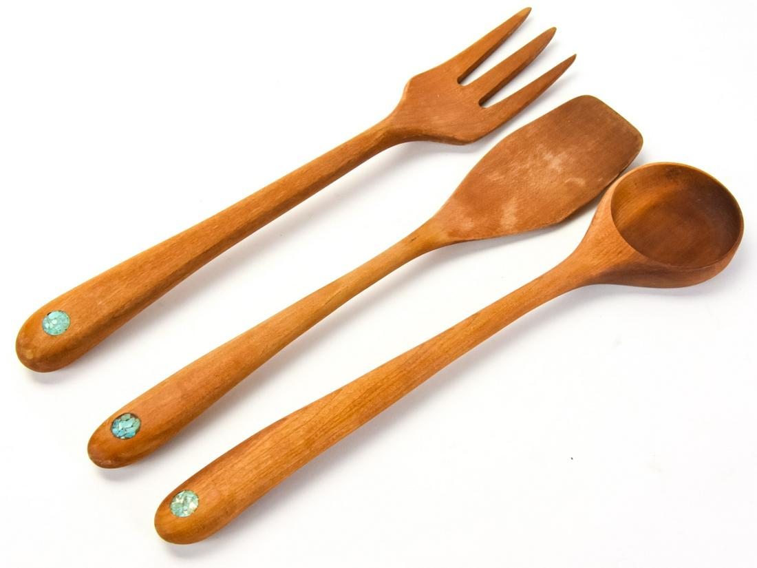 3 Carved Wood Serving Utensils w Inlaid Turquoise (1 of 7)