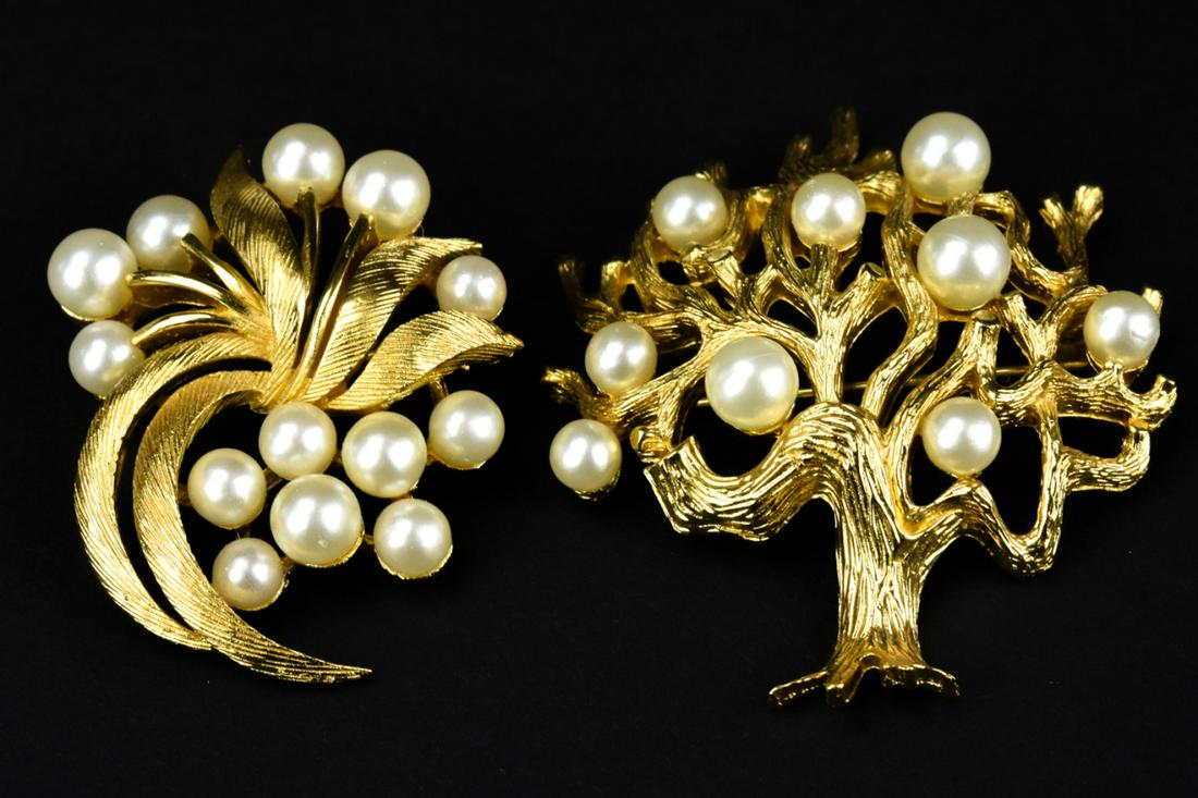 2 Vintage Trifari Figural Brooches: 2 Vintage Trifari Figural Brooches. Each gilt metal with faux pearls and signed. Larger measures just over 2 inches in length.