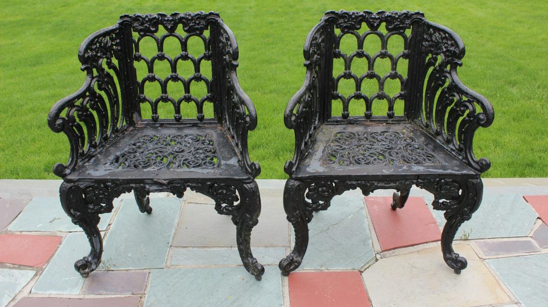 Pair Victorian Cast Iron Outdoor Garden Chairs (1 of 8)