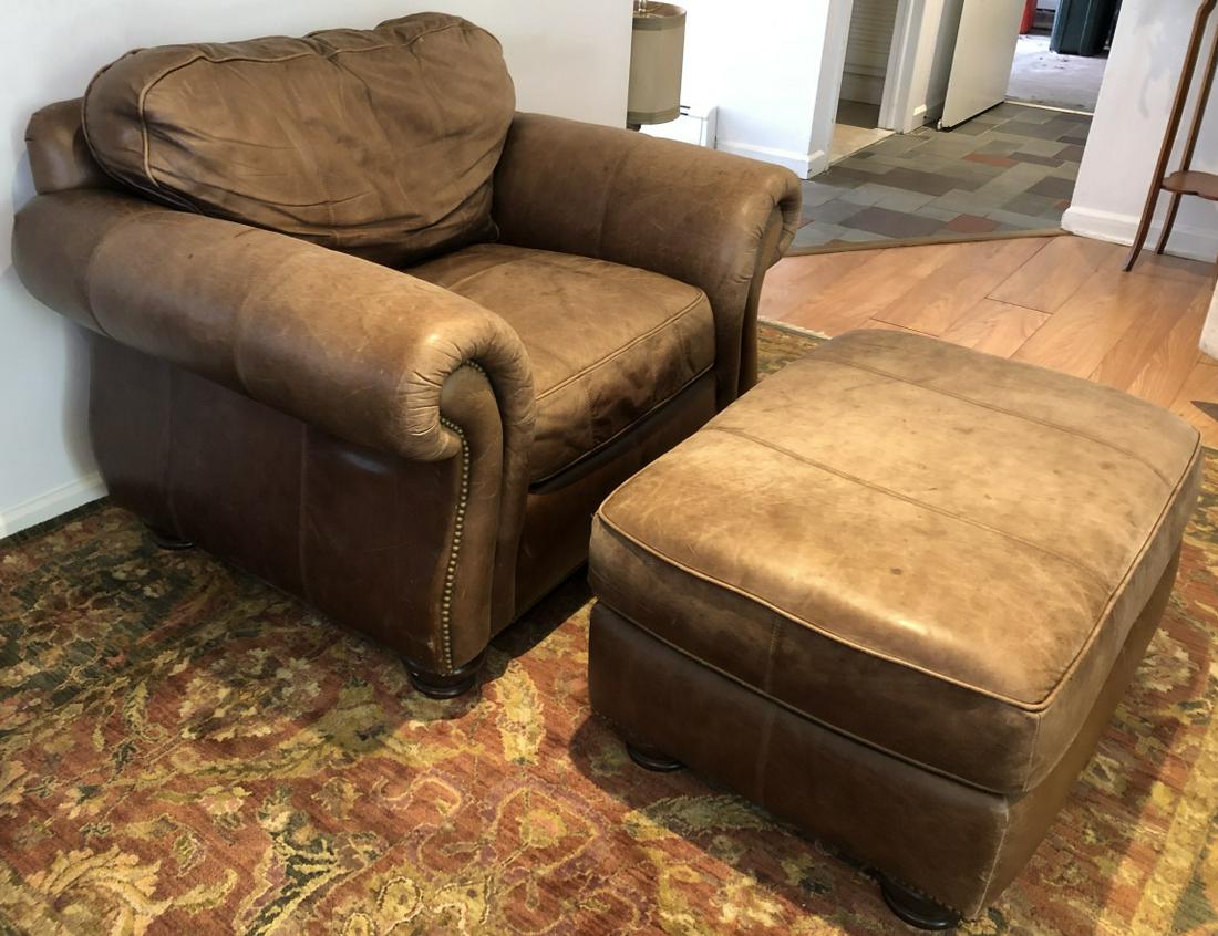 Berhardt US Distressed Leather Club Chair, Ottoman (1 of 7)