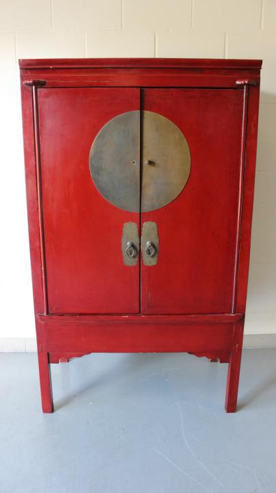 Chinese Carved Red Lacquer Armoire Brass Hardware (1 of 9)
