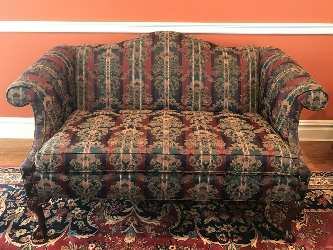 Chippendale Upholstered Love Seat w Rolled Arms: Chippendale Upholstered Love Seat with Rolled Arms, Serpentine Back & Ball & Claw Feet. Made in High Point, N.C., U.S.A. Measures 34.5 inches high x 58 inches wide x 34 inches deep, 20 inches high fro