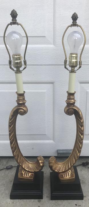 Pair Hollywood Regency Scrolled Gilt Table Lamp (1 of 7)