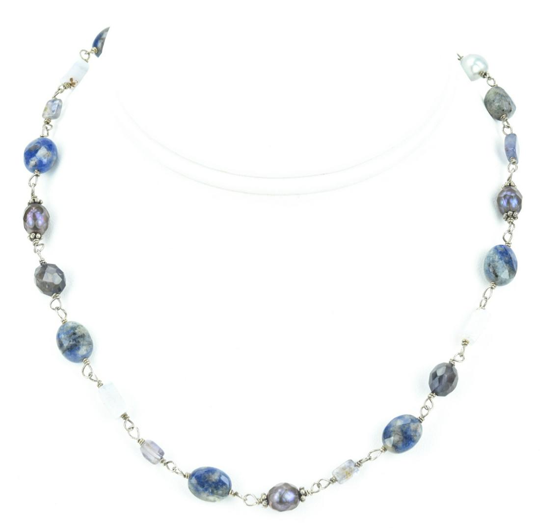 Sterling Agate Lapis Lazuli Baroque Pearl Necklace: Sterling Agate Lapis Lazuli Baroque Pearl Necklace. Hallmarked. Measures 16 inches in length.