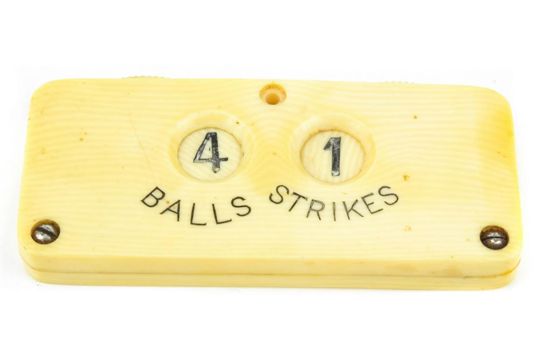 Antique Baseball Umpires Ball Strike Counter: Antique Baseball Umpires Ball Strike Counter. Made in the early plastic celluloid to resemble bone. This has a counter up to 4 strikes which helps to date it as an earlier example. Attributed to the t