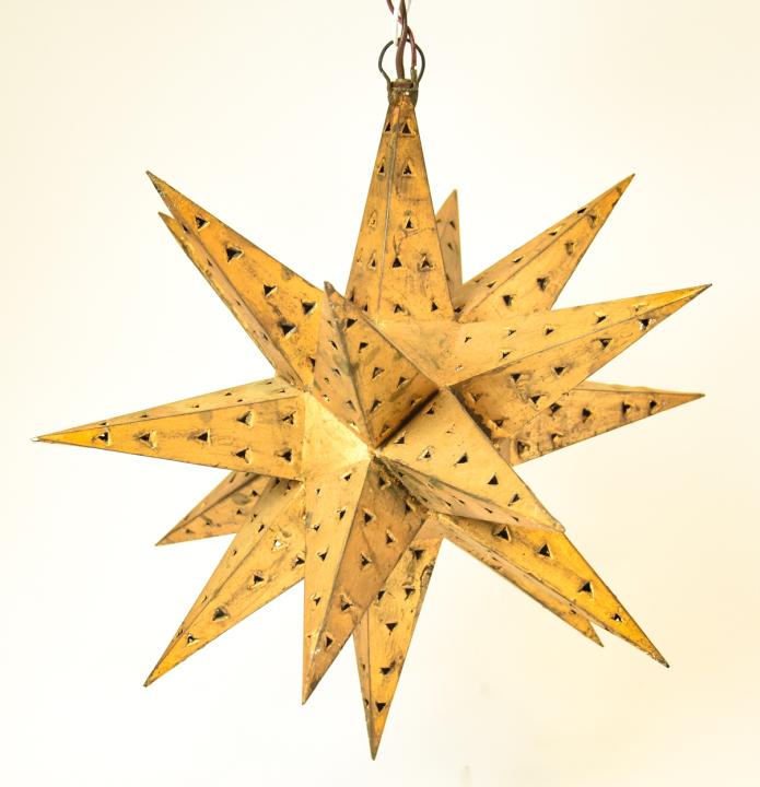 Gilt Metal Star Form Light Pendant: Gilt Metal Star Form Light Pendant. Measures 20 inches high x 14 inches in diameter.