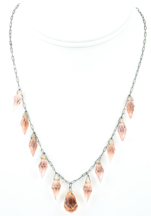 Antique Art Deco Czech Crystal Fringe Necklace: Antique Art Deco Czech Crystal Fringe Necklace. Featuring eleven faceted crystal pendants on a fancy link paperclip chain. Measures 17 inches in length.