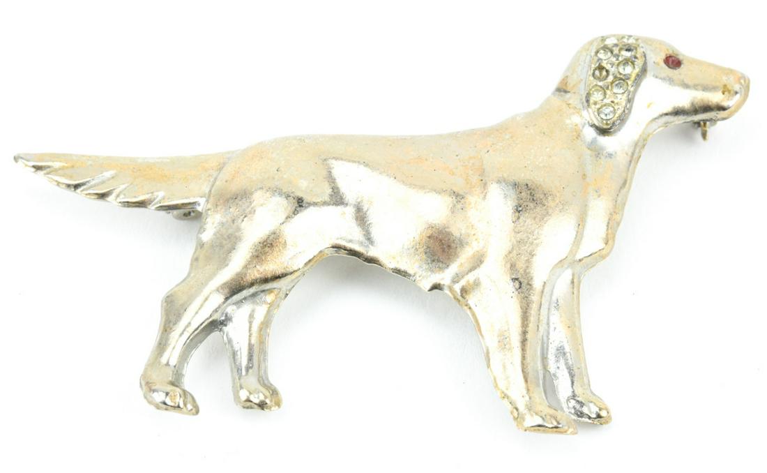 Antique Costume Jewelry Figural Dog Brooch: Antique Costume Jewelry Figural Dog Brooch w Paste Set Ear. Measures just over 2.75 inches in length.