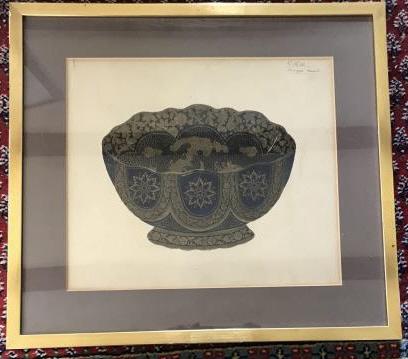 Antique 19th C Framed Painting of Circa 1630s Bowl: Antique 19th C Framed Painting of Circa 1630s Bowl. Professionally framed and matted. Inscribed C 1630s Bruges Bowl. Measures 19 x 21 inches.