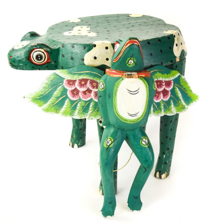 Hand Made & Painted Folk Art Frog Statues & Stool (1 of 10)