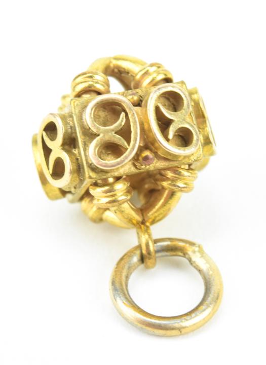 Antique 19th C Etruscan Revival Style Gold Pendant: Antique 19th C Etruscan Revival Style Gold Pendant / Open Orb Fob. Acid tests as 10kt, may be gold filled. Measures just over 1 inch in length.