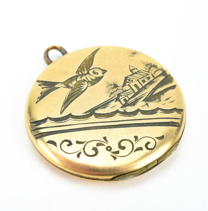 Antique 19th C Scenic Gold Locket w Swallow Bird (1 of 6)